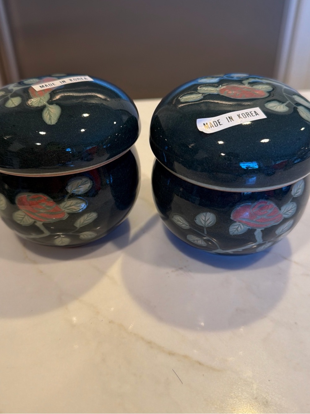 Vtg Korean Celadon Tea Mug set of 2 with Infuser Strainer & Lid Kwang-hee Signed